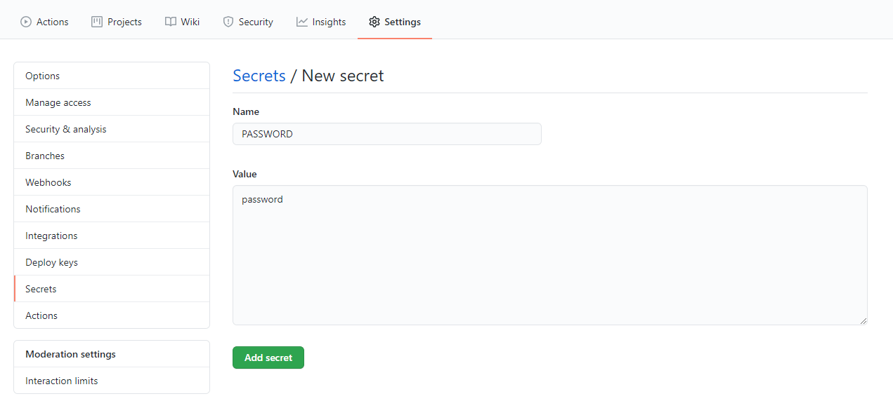Github Setting New Secret